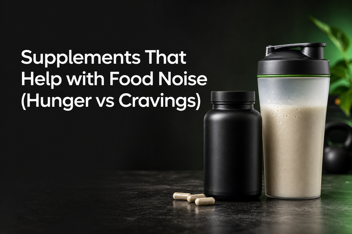 Assorted supplement capsules, a protein shake, and a balanced snack on a kitchen counter to illustrate managing hunger and cravings