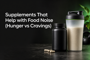 Assorted supplement capsules, a protein shake, and a balanced snack on a kitchen counter to illustrate managing hunger and cravings