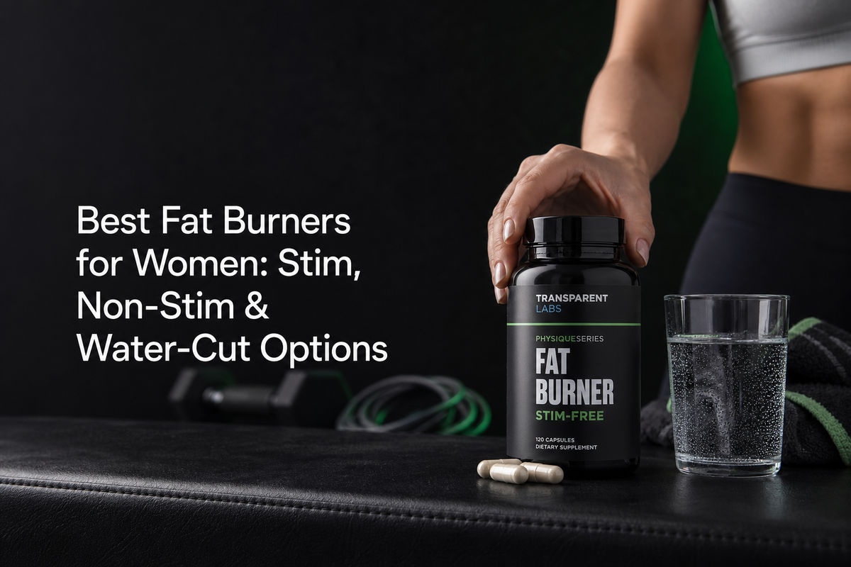 Flat lay of women’s fitness essentials beside capsules and a Supplement Facts panel highlighting caffeine, green tea extract, carnitine, and electrolyte ingredients.