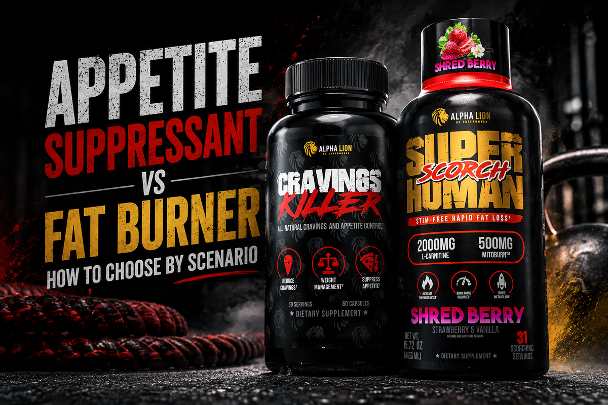 Supplements on a kitchen counter with a Nutrition Facts label and a checklist comparing appetite suppressants and fat burners