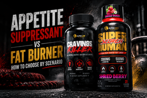 Supplements on a kitchen counter with a Nutrition Facts label and a checklist comparing appetite suppressants and fat burners