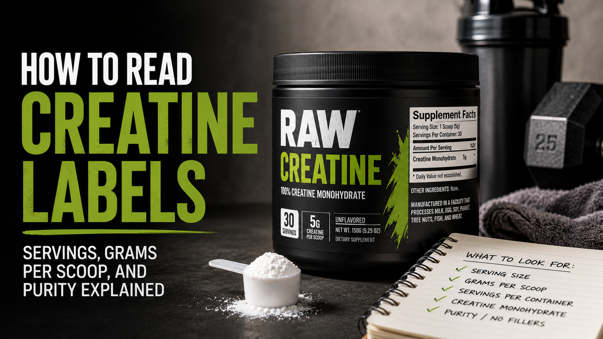 Close-up of a creatine Supplement Facts panel highlighting serving size, grams per scoop, and purity statement on a creatine monohydrate container.