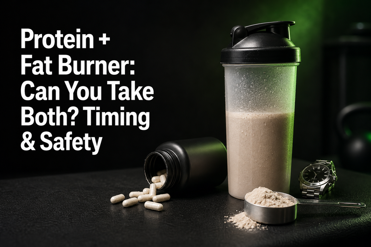A measured scoop of protein powder next to a sealed capsule bottle labeled Fat Burner, a shaker, and a watch to emphasize timing and safety.