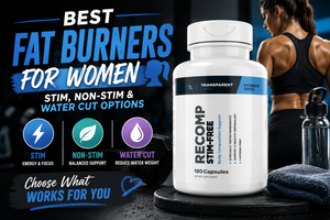 Flat lay of women’s fitness essentials beside capsules and a Supplement Facts panel highlighting caffeine, green tea extract, carnitine, and electrolyte ingredients.