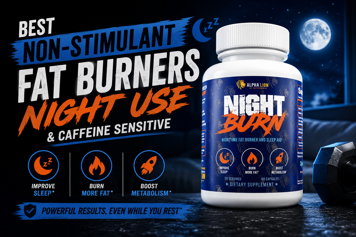 A bedside table with a glass of water, a capsule bottle labeled non‑stimulant, and a dim reading lamp—signaling a sleep‑friendly supplement choice.