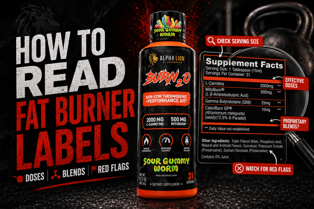 Close-up of a Supplement Facts panel on a fat burner bottle with callouts highlighting serving size, caffeine per serving, proprietary blend, and warning section.