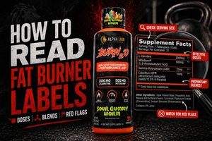Close-up of a Supplement Facts panel on a fat burner bottle with callouts highlighting serving size, caffeine per serving, proprietary blend, and warning section.