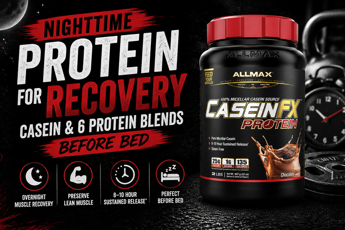 Scoop of casein protein next to a shaker and glass of milk on a nightstand with a dim bedside lamp, suggesting a pre‑bed shake for overnight recovery.