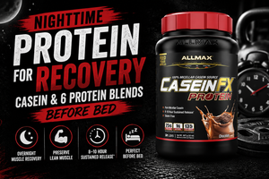 Scoop of casein protein next to a shaker and glass of milk on a nightstand with a dim bedside lamp, suggesting a pre‑bed shake for overnight recovery.