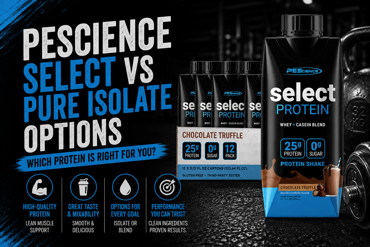 Side-by-side scoops of PEScience Select (whey–casein blend) and a whey isolate powder with a shaker bottle, illustrating blend vs isolate choices.