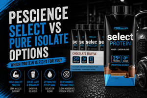 Side-by-side scoops of PEScience Select (whey–casein blend) and a whey isolate powder with a shaker bottle, illustrating blend vs isolate choices.