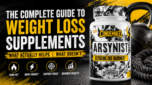 Flat lay of common weight loss supplement formats—capsules, powders, and ready-to-drink cans—next to a Nutrition Facts label and a water bottle.
