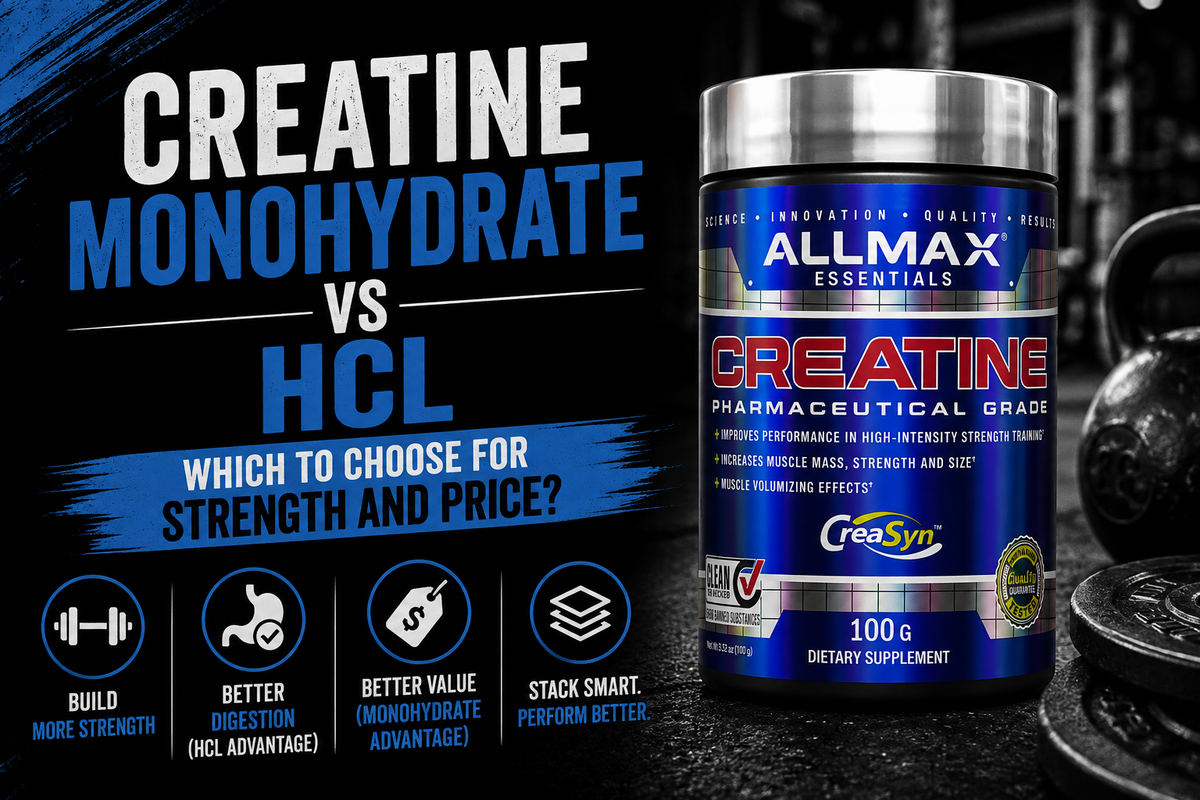 Creatine monohydrate powder beside creatine HCl capsules on a digital scale with price tags.