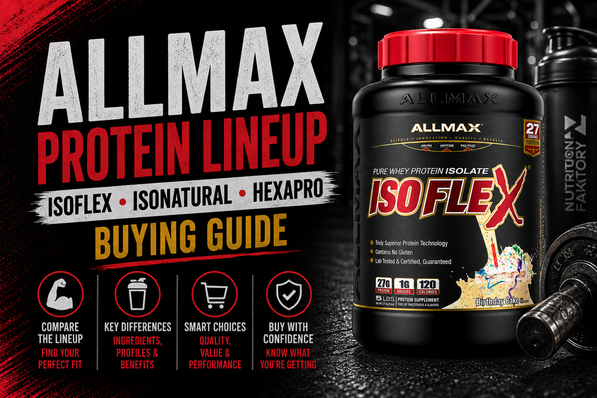 Allmax Isoflex, IsoNatural, and Hexapro tubs side-by-side on a kitchen counter with a shaker bottle and scoop of powder.