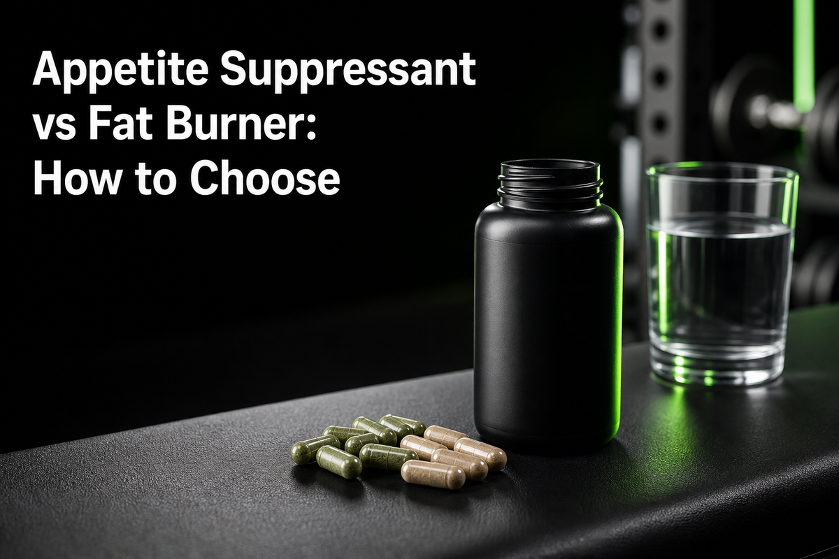 Supplements on a kitchen counter with a Nutrition Facts label and a checklist comparing appetite suppressants and fat burners