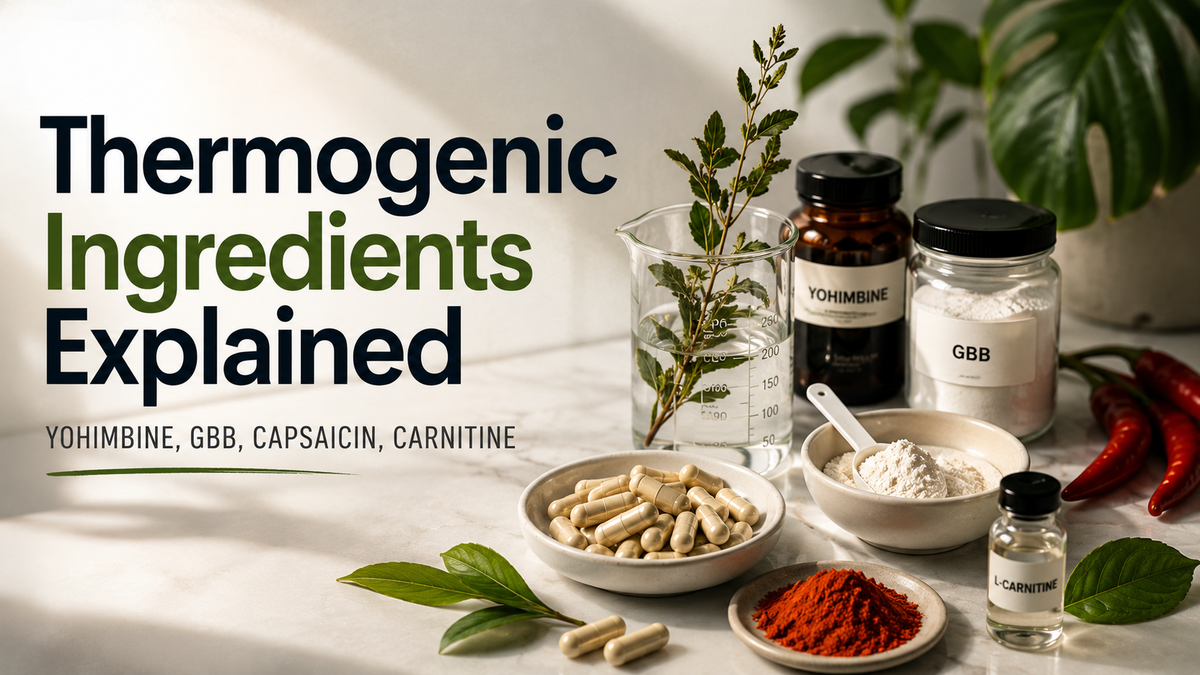 Close-up of supplement bottles and a nutrition label highlighting yohimbine, GBB, capsaicin, and carnitine as thermogenic ingredients