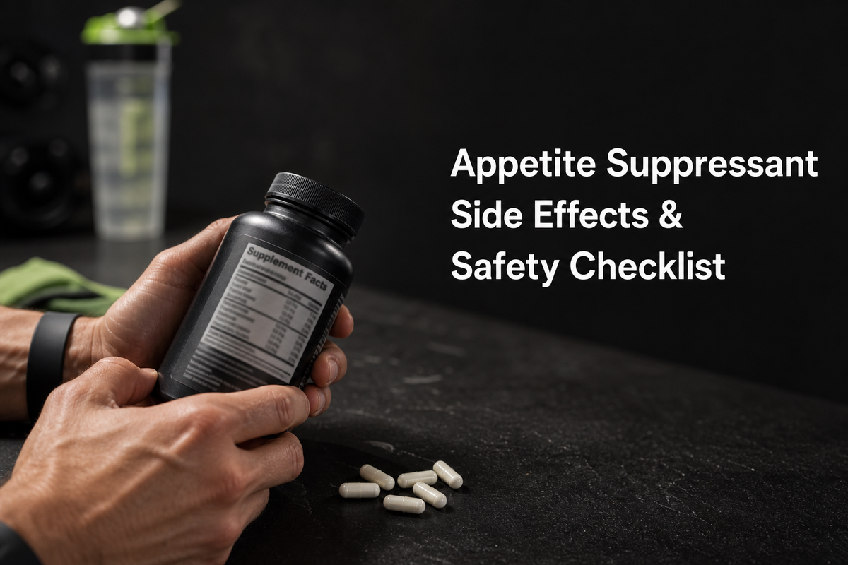 A supplement bottle next to a Nutrition Facts label and a notepad checklist labeled “Safety Steps” with a pen and glass of water.