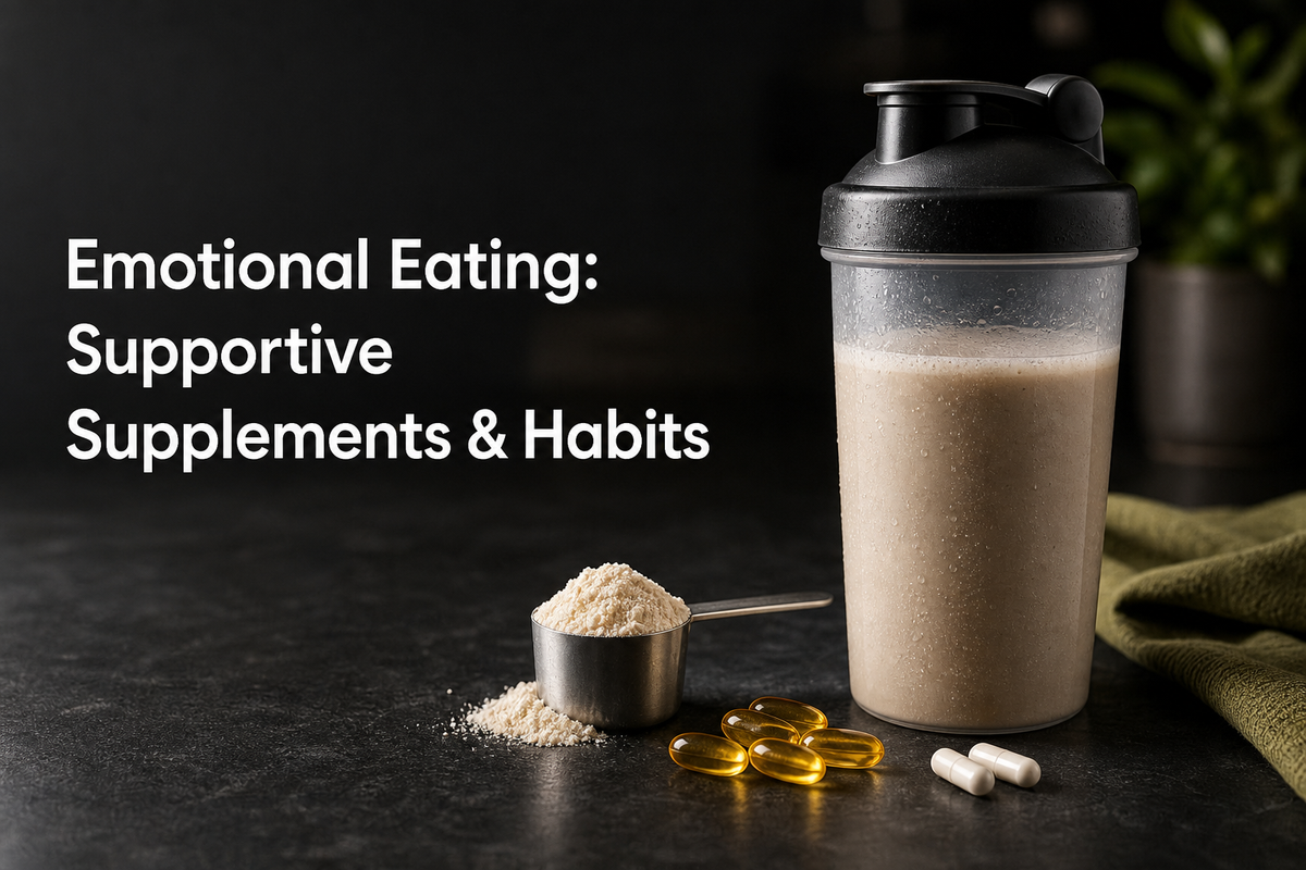 Close-up of a calming evening routine: a journal, herbal tea, a scoop of protein powder, and omega-3 softgels on a kitchen counter.