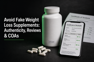 Close-up of a sealed supplement bottle showing a lot number and QR code next to a printed Certificate of Analysis (COA).