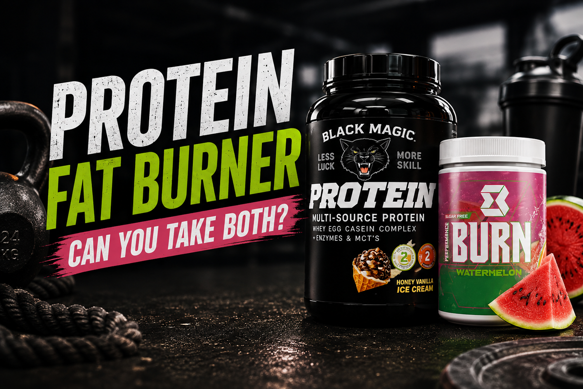 A measured scoop of protein powder next to a sealed capsule bottle labeled Fat Burner, a shaker, and a watch to emphasize timing and safety.