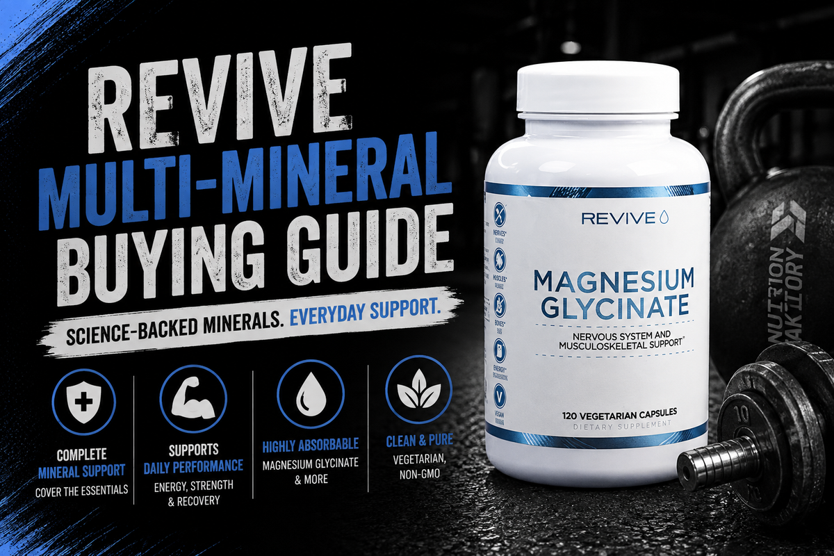 Bottle of Revive Multi Mineral capsules with key macro and trace minerals arranged neatly beside a glass of water.