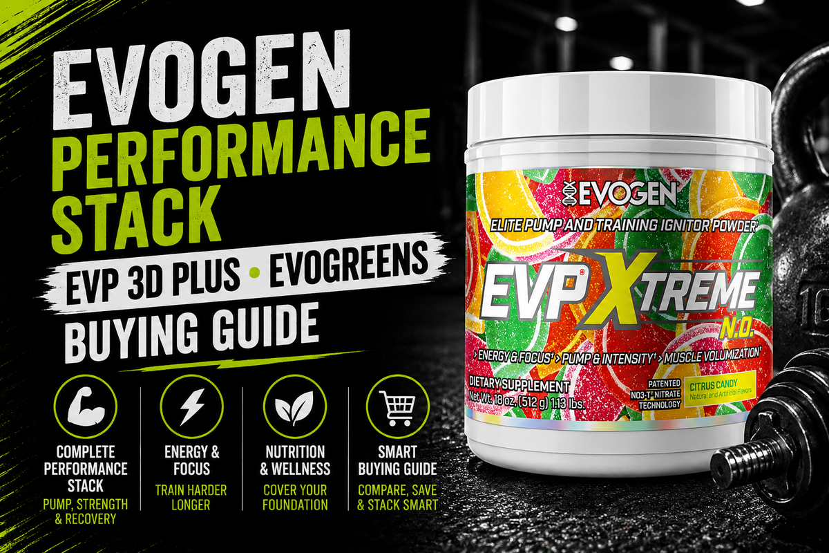Flat lay of Evogen EVP‑3D pre-workout and Evogreens tub with shaker, water, and fresh greens on a gym bench.