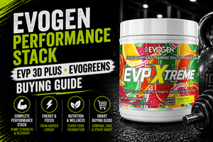 Flat lay of Evogen EVP‑3D pre-workout and Evogreens tub with shaker, water, and fresh greens on a gym bench.
