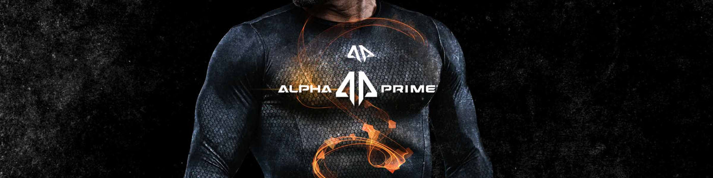 Alpha Prime Banner with man wearing alpha prime shirt. 