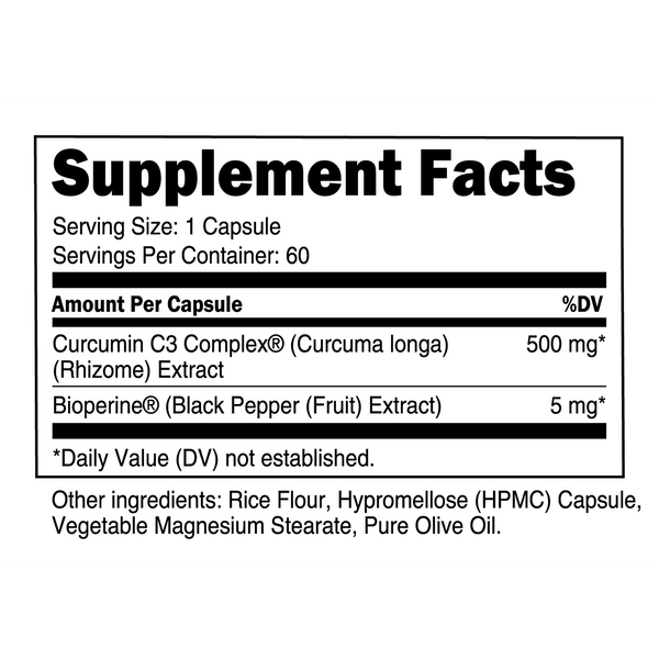 Supplement Facts Transparent Labs Turmeric Curcumin C3 Complex 60Caps, 500mg per serving, raw series