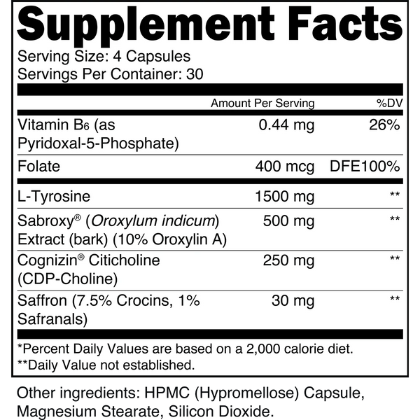 Supplement Facts for Dopamine+ 120Caps from Transparent Labs , Cognitive Performance Enhancer*