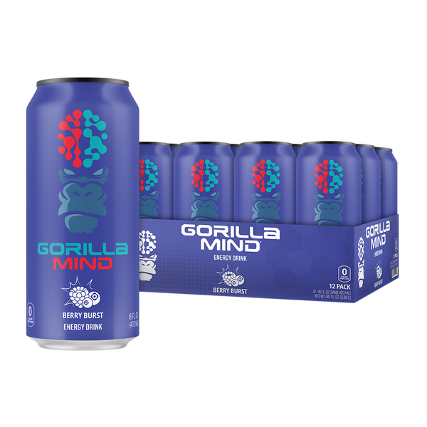 Berry Burst flavor 12 pack of Gorilla Mind Energy Drink