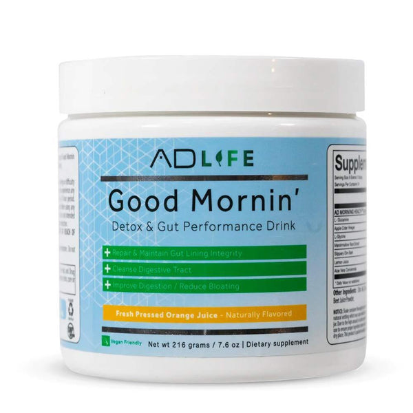 Project AD Life Good Mornin' 24srv. Good Mornin' Detox & Gut performance drink. Repair & maintain gut lining integrity, cleanse digestive tract, improve digestion/ reduce bloating. Fresh Pressed Orange Juice naturally flavored