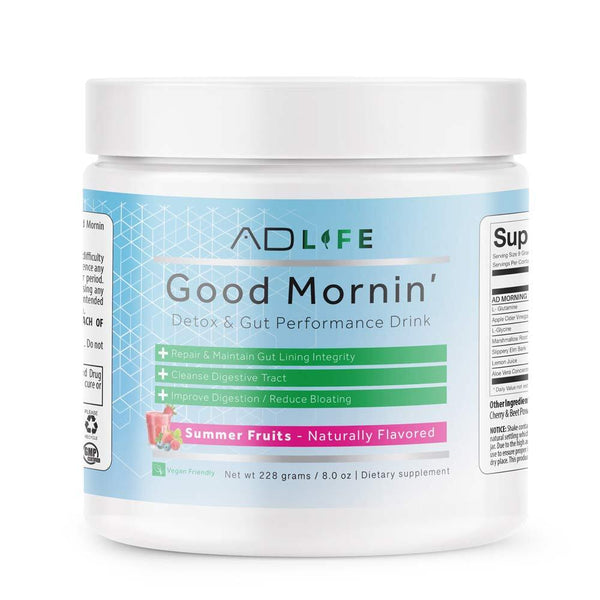 Project AD Life Good Mornin' 24srv. Good Mornin' Detox & Gut performance drink. Repair & maintain gut lining integrity, cleanse digestive tract, improve digestion/ reduce bloating. Summer Fruits naturally flavored