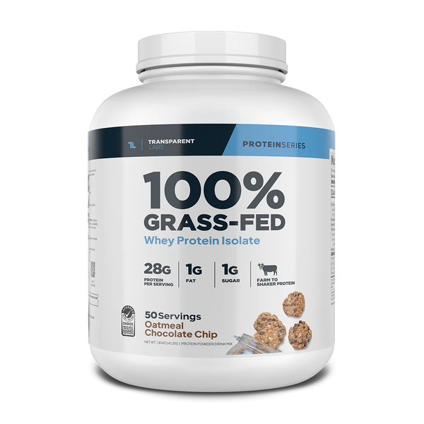 Oatmeal Chocolate Chip flavor of 100% Grass-fed Whey Protein Isolate 28g of Protein per serving, 4lbs from Transparent Labs