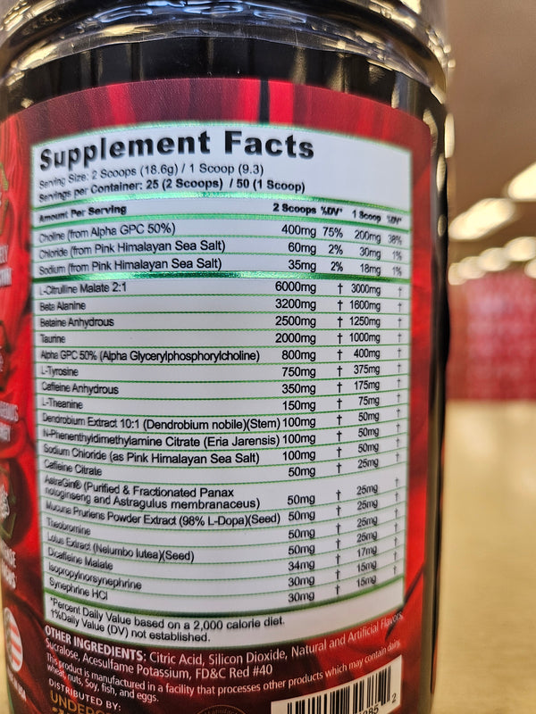 Supplement Facts Panda Rampage Extreme Pre-workout 25srv