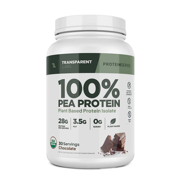  100% Pea Protein Plant Based Protein Isolate 30srv from Transparent Labs in chocolate flavor, 28g protein per serving