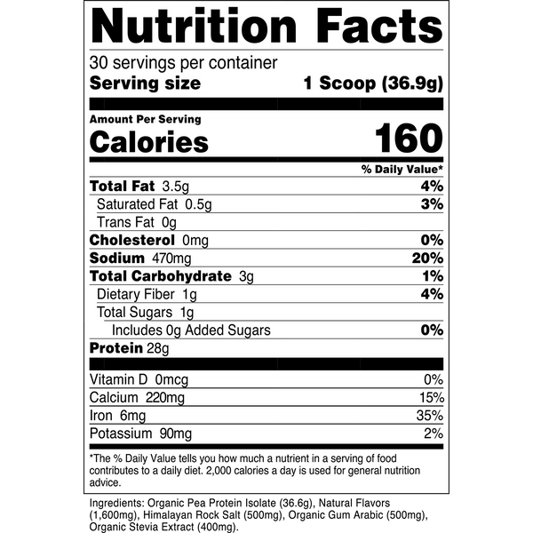 Supplement Facts for 100% Pea Protein Plant Based Protein Isolate 30srv from Transparent Labs, 28g protein per serving