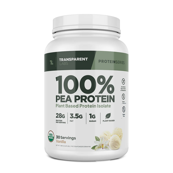  100% Pea Protein Plant Based Protein Isolate 30srv from Transparent Labs in vanilla flavor, 28g protein per serving