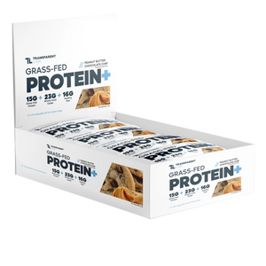 Peanut Butter Chocolate Chip Grass-fed protein+ 12pk protein bars from Transparent Labs