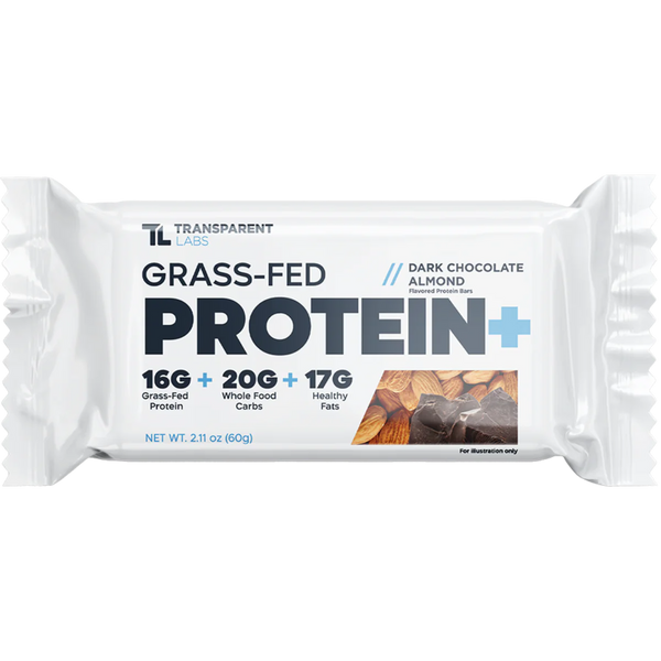 Dark Chocolate Almond Grass-fed protein+ 12pk protein bars from Transparent Labs