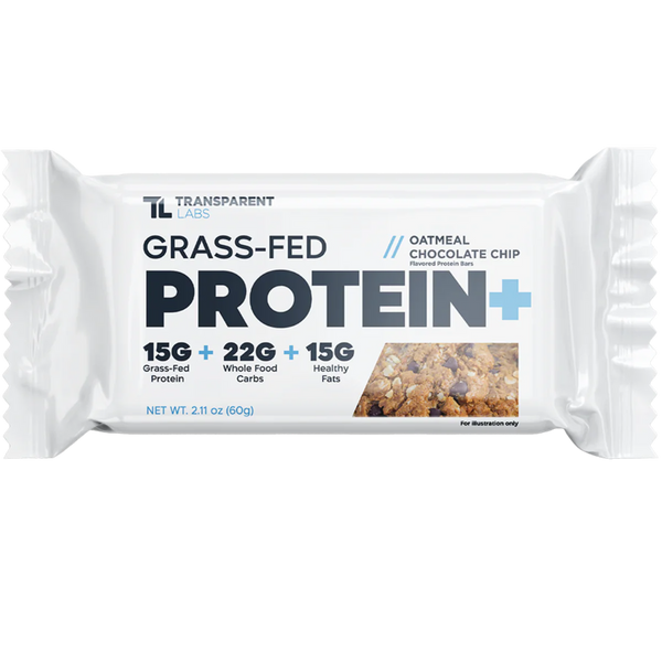 Oatmeal Chocolate Chip Grass-fed protein+ 12pk protein bars from Transparent Labs