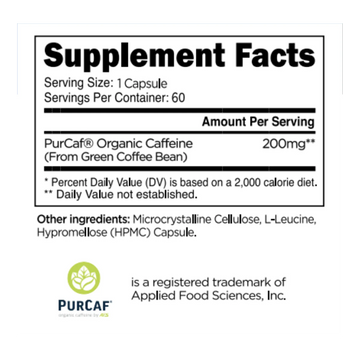 Supplement Facts for Transparent Labs Purcaf 60Caps, organic caffeine, 200mg per serving