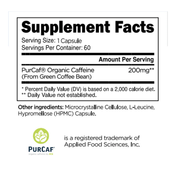 Supplement Facts for Transparent Labs Purcaf 60Caps, organic caffeine, 200mg per serving