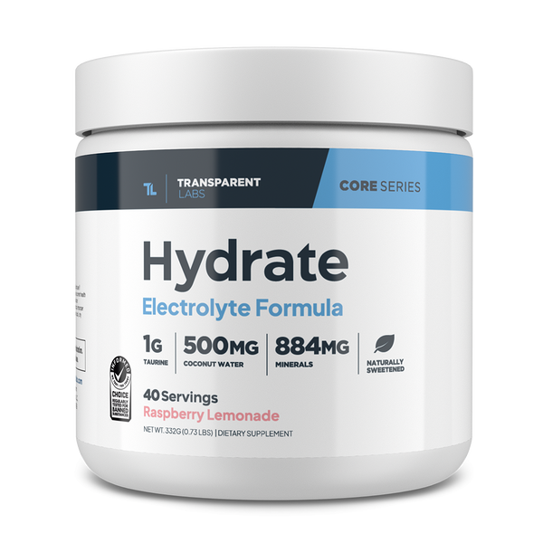 Hydrate electrolyte formula in Raspberry Lemonade flavor, 40srv from Transparent Labs 