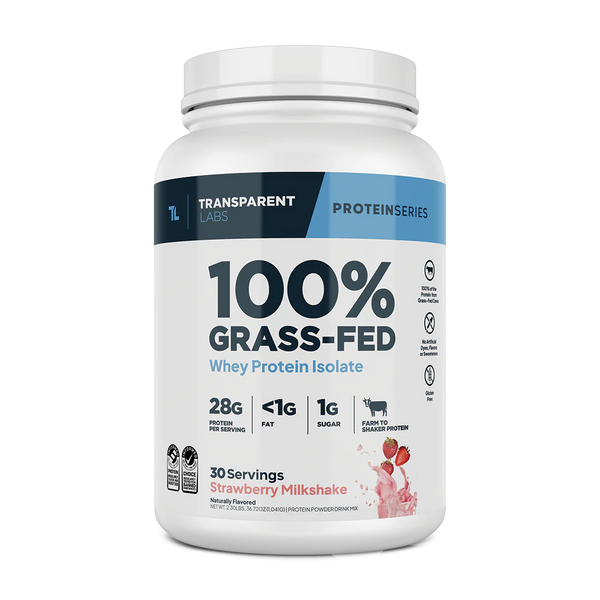 Strawberry Milkshake flavor of 100% Grass-fed Whey Protein Isolate 28g of Protein per serving, 30srv from Transparent Labs