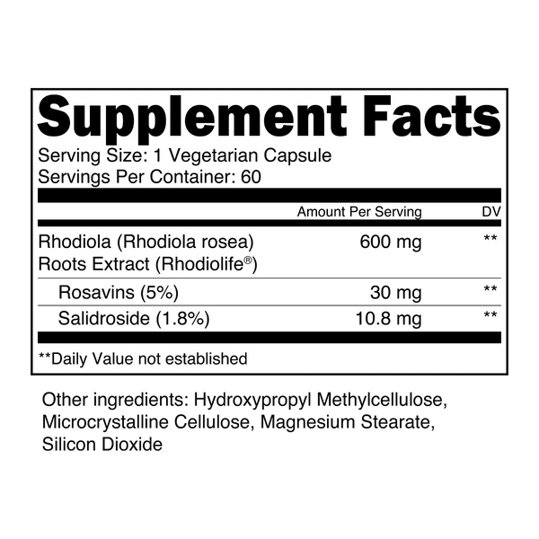 Supplement Facts for Transparent Labs Rhodiola Rosea 60Caps, versatile adaptogenic herbal extract