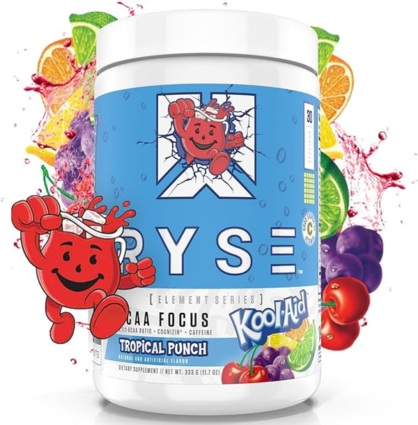 Ryse BCAA Focus 30srv, 2:1:1 BCAA ratio, cognizin, caffeine, element series, Kool-Aid Tropical Punch flavor