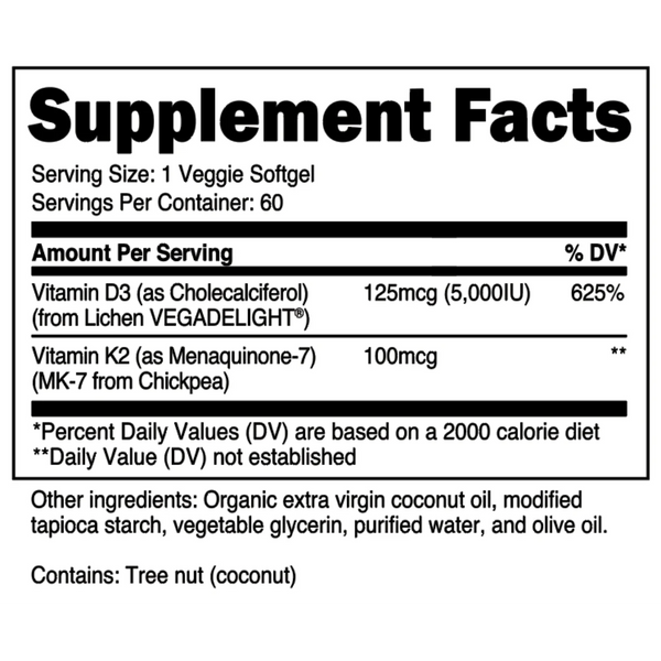 Supplement Facts Transparent Labs Vitamin D3+ K2 60softgels, 100% plant based, veggie soft gels