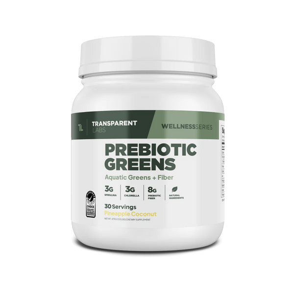 Pineapple Coconut flavored Transparent Labs Prebiotic Greens 30srv, aquatic greens + fiber, wellness series