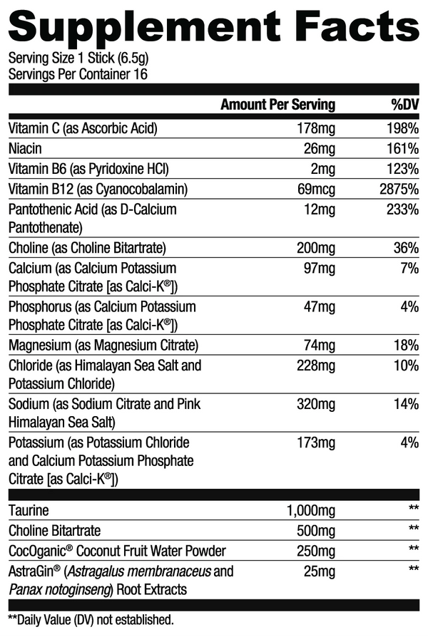 Supplement Facts Ryse Hydration Sticks 16pk, on-the-go electrolyte drink mix, replenish electrolytes, optimize hydration, 0 sugar per stick